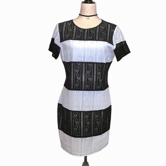 Michael Kors NWT Lace Black White Striped Mod Short Sleeved Shift Dress - Picture 4 of 8